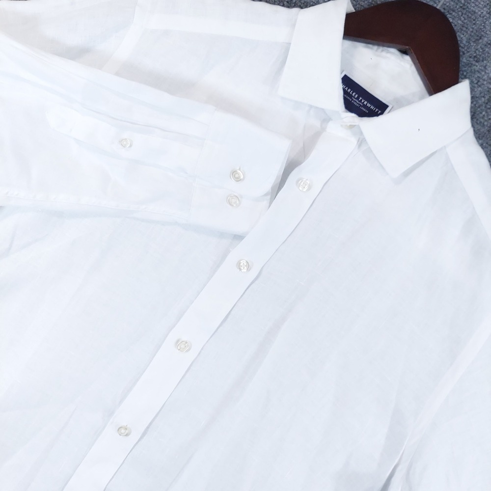 Charles Tyrwhitt Button Down Shirt Men Medium White 100% Linen Classic Fit